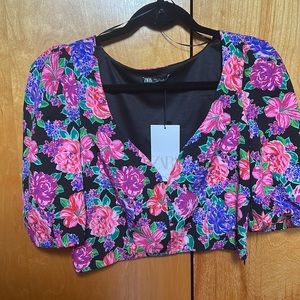Zara Floral Crop Top with Puff Sleeve